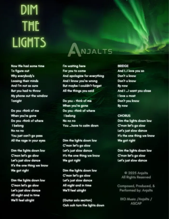 Dim the Lights — visual lyric sheet