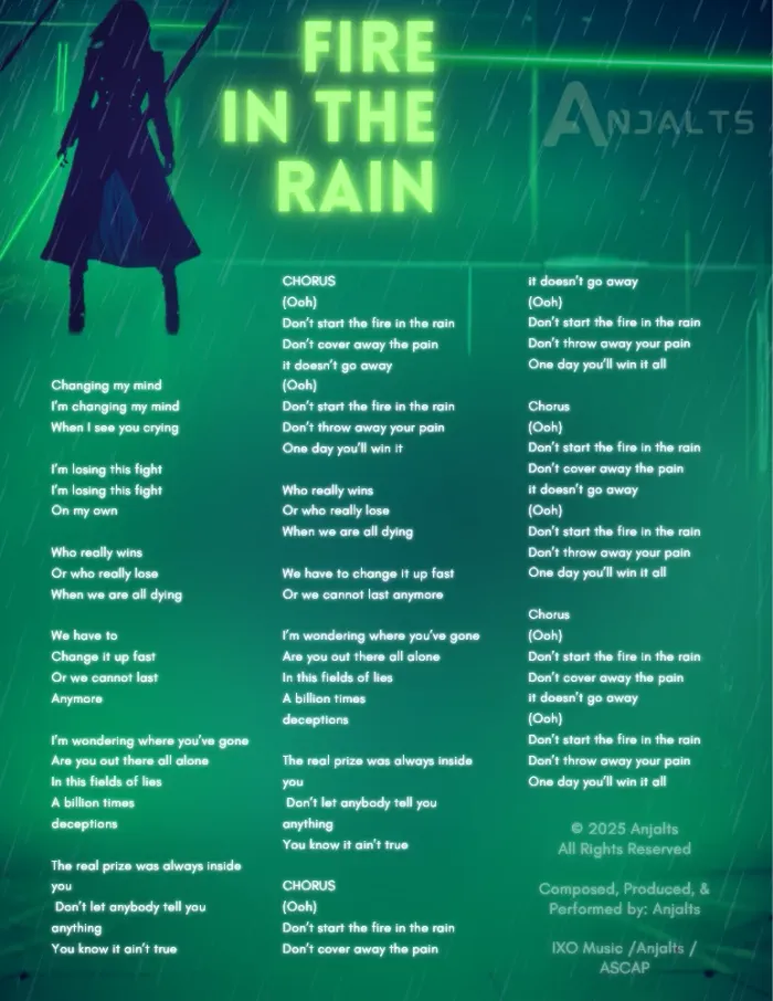 Fire in the Rain — visual lyric sheet