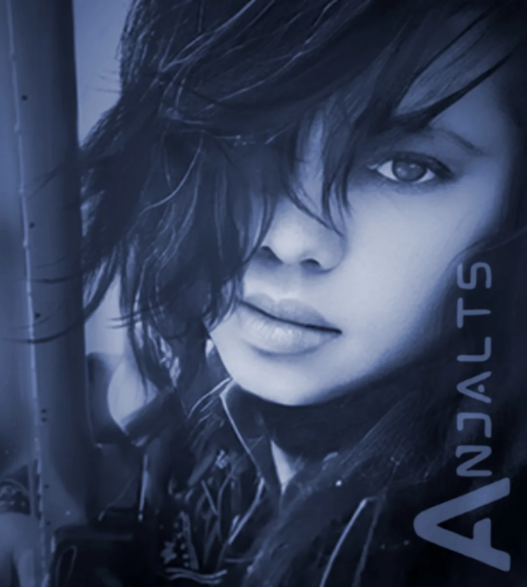 Anjalts — close portrait in deep blue light, hair across her eye, the wordmark beside her