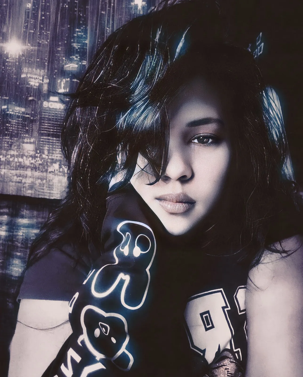Anjalts — portrait, cyan light, city behind