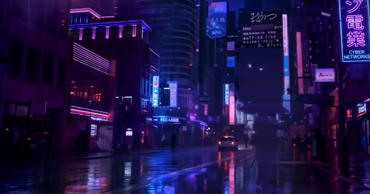 A rain-soaked neon street at night: a lone figure with an umbrella walks beneath towering billboards